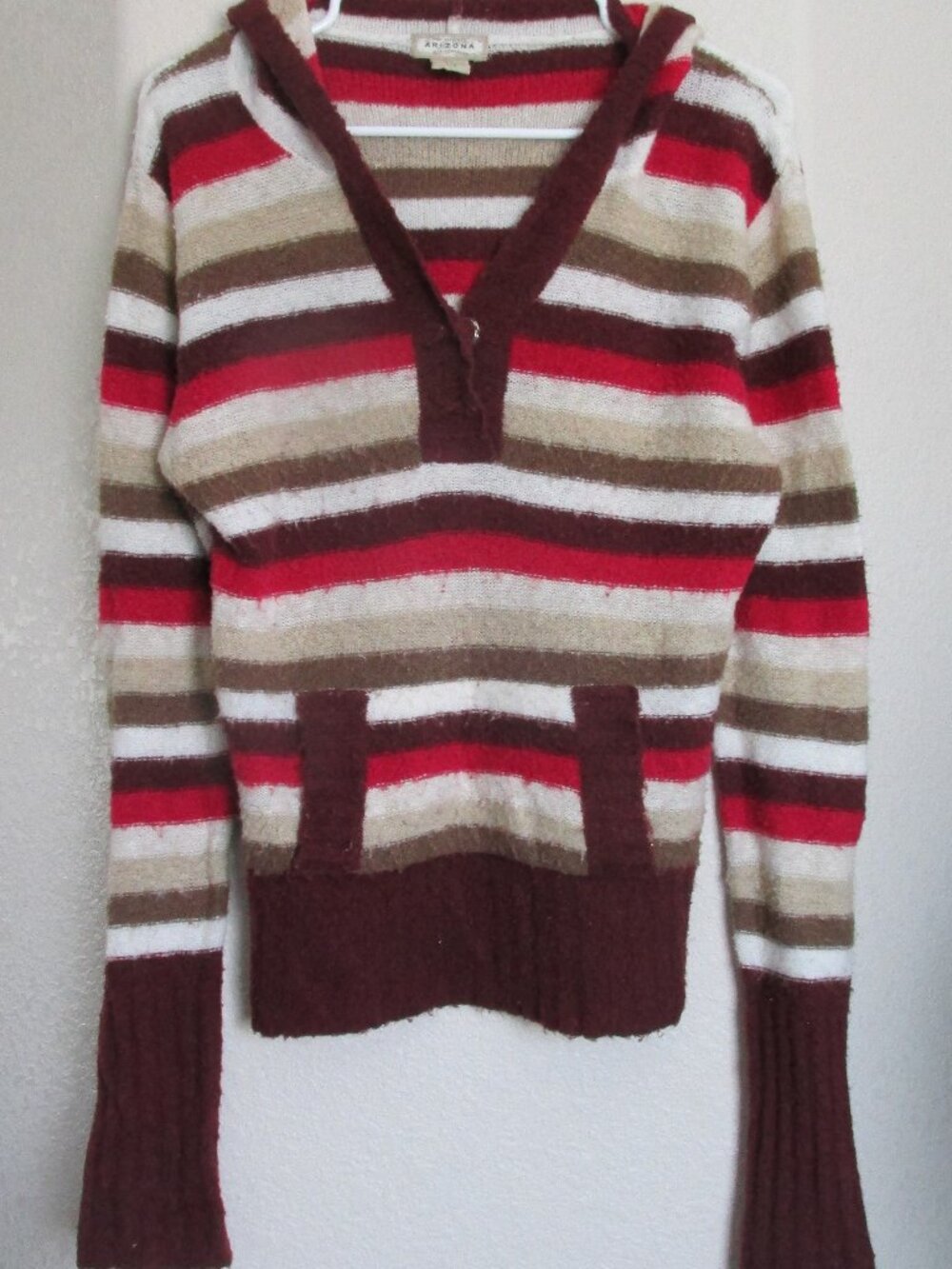 Arizona Pullover Hooded Sweater Womens Large Red Brown Striped Long Sleeve Shirt